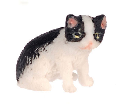 Dollhouse Miniature Sitting Kitten, Bk & White